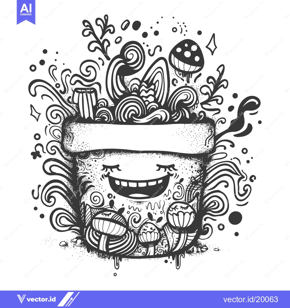 Premium Vector dari A Smiling Flower Pot Surrounded by Whimsical Mushrooms and Swirls