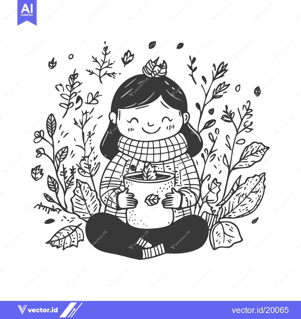 Premium Vector dari A Smiling Girl Holding a Mug of Tea Surrounded by Fall Leaves