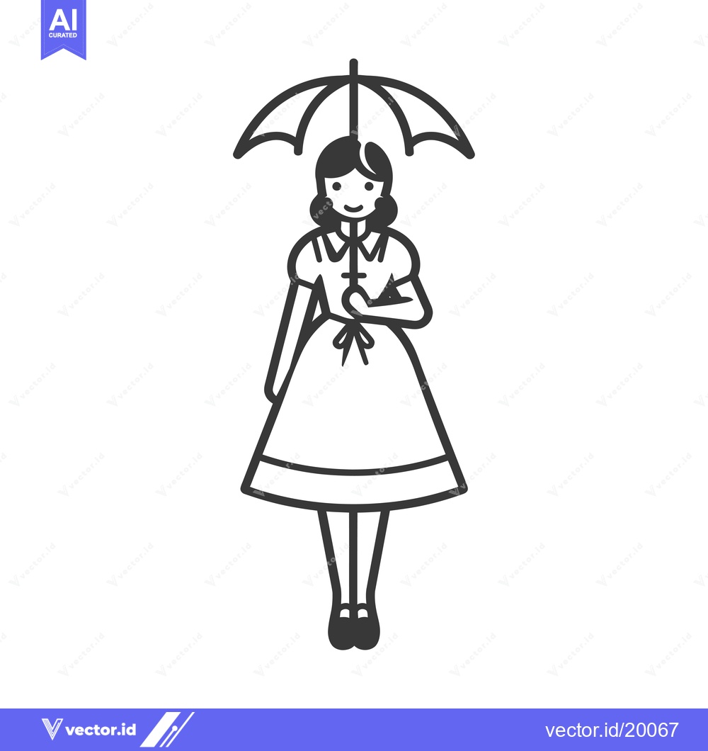 Premium Vector dari A smiling girl in a dress, holding an umbrella