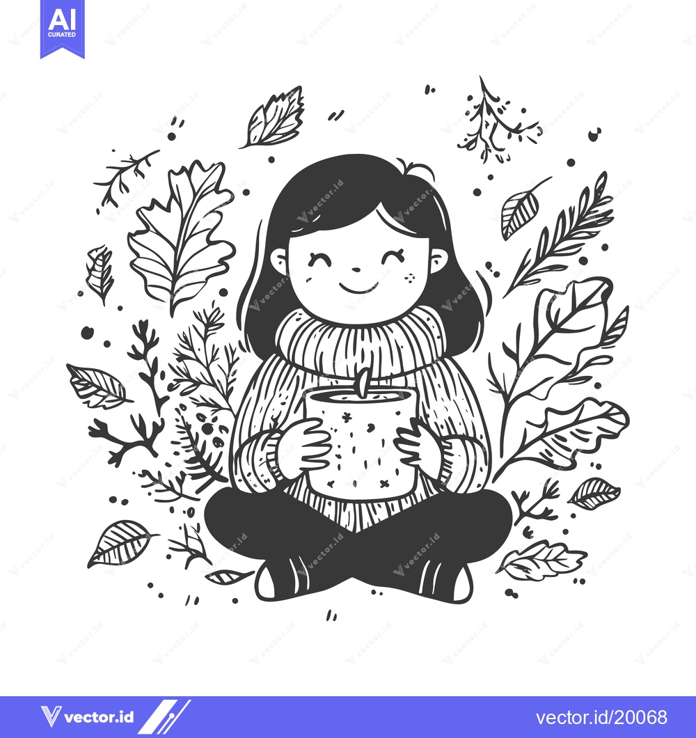 Premium Vector dari A smiling girl in a sweater holding a warm drink surrounded by autumn