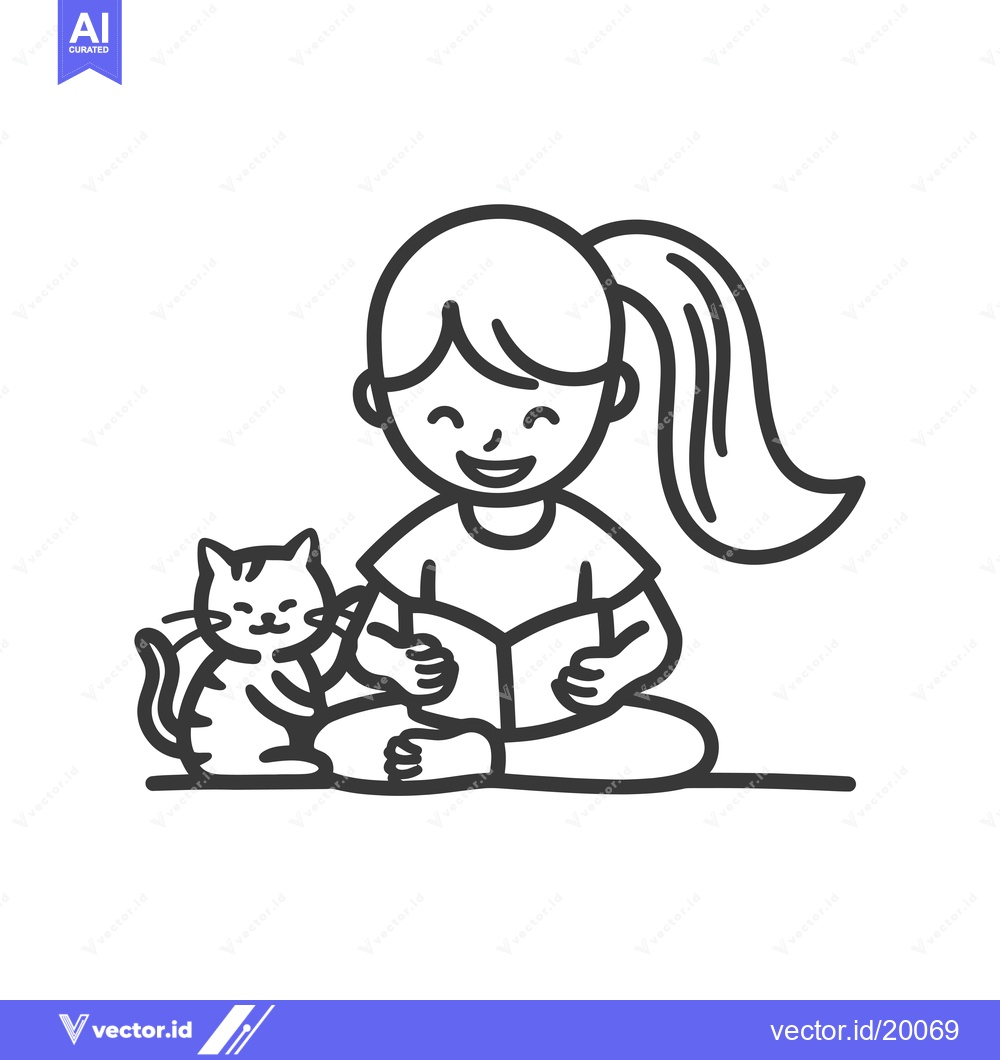 Premium Vector dari A smiling girl reading a book while sitting next to her pet cat