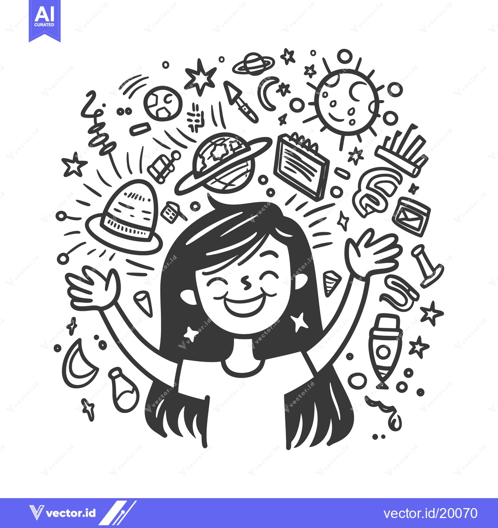 Premium Vector dari A Smiling Girl Surrounded by Doodle Space Objects