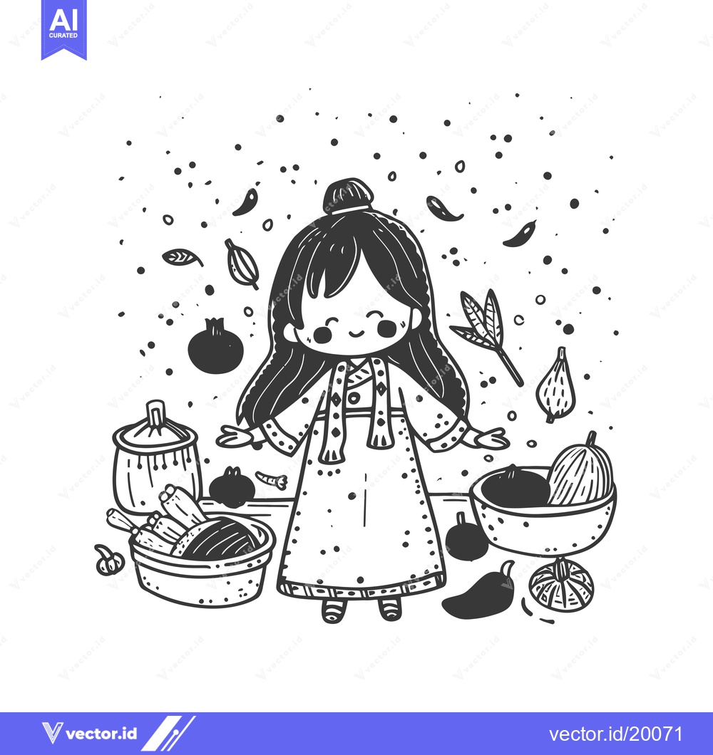 Premium Vector of A Smiling Girl Surrounded by Various Fruits and Vegetables