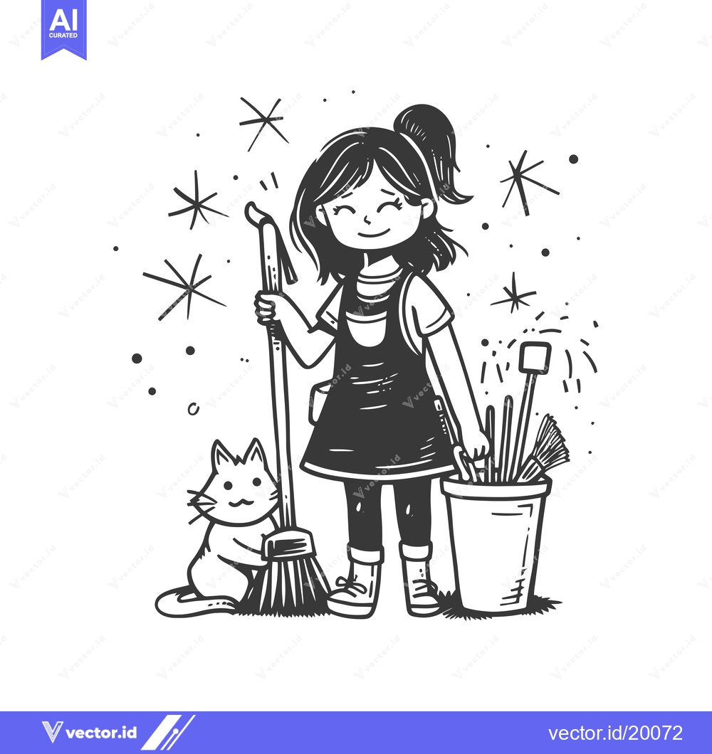 Premium Vector of A smiling girl with a broom and cat holding cleaning tools