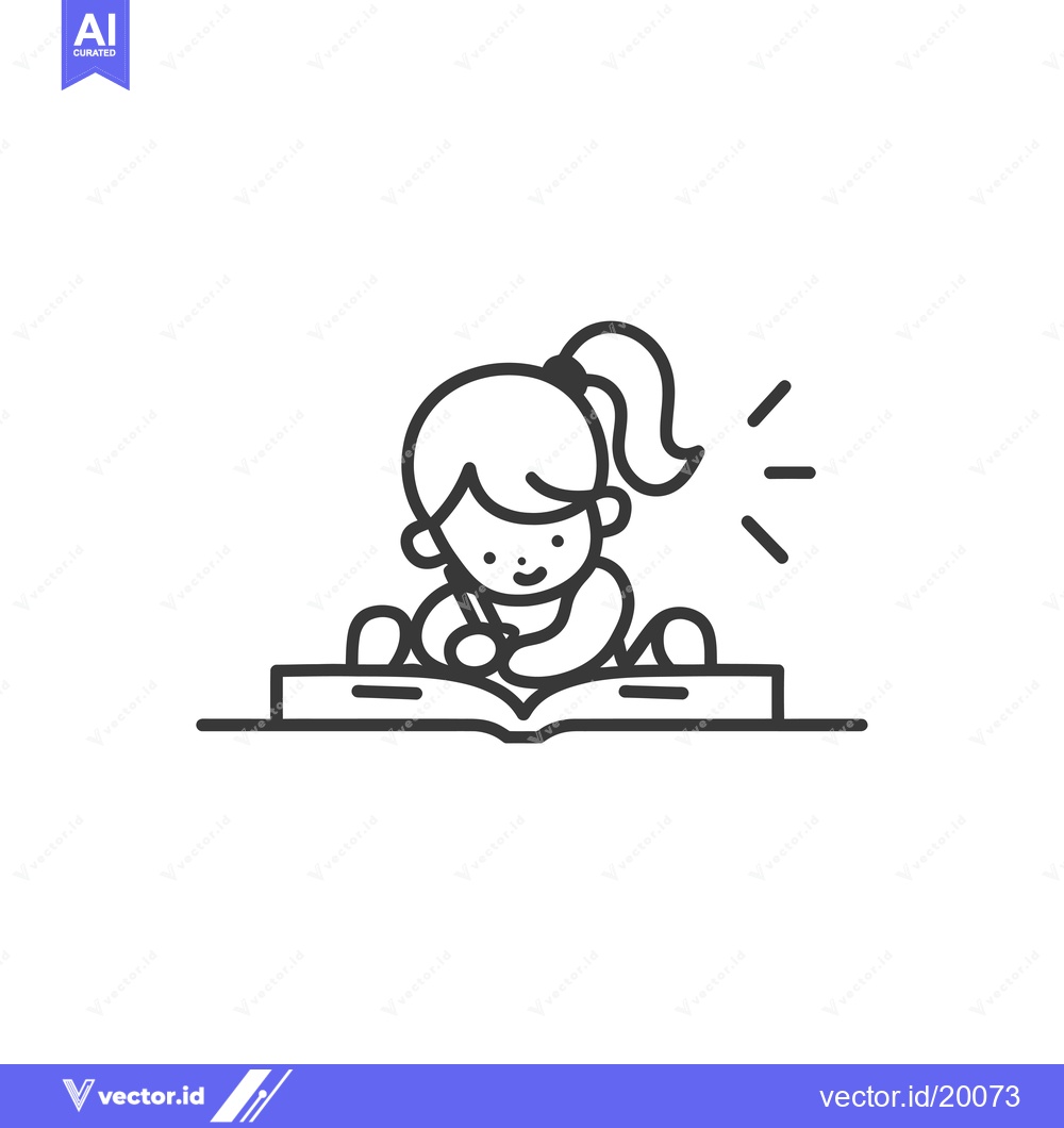 Premium Vector of A Smiling Girl Writing in a Book with a Pencil