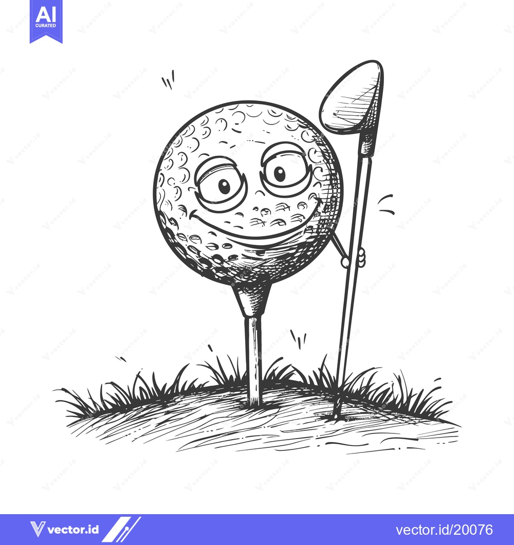 Premium Vector dari A Smiling Golf Ball Holding a Club on a Tee