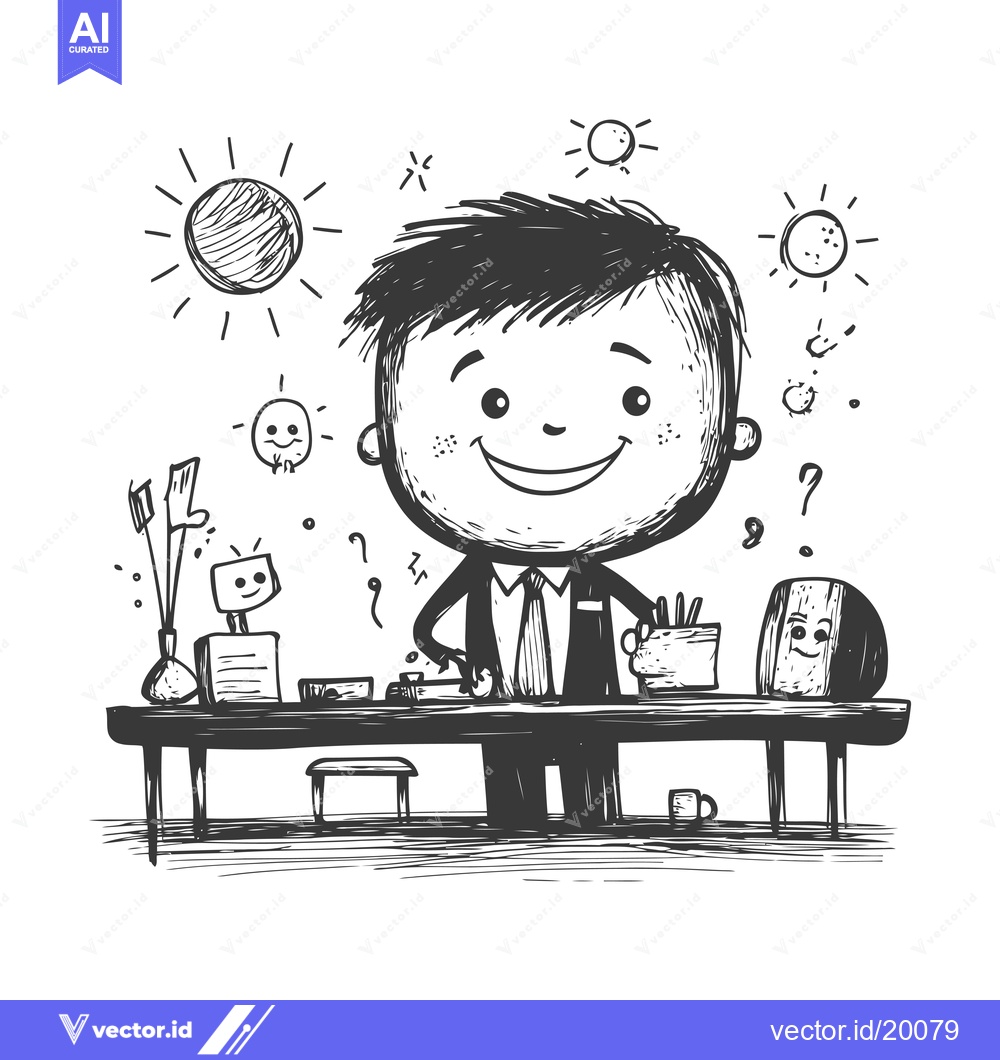 Premium Vector dari A Smiling Man in a Suit Sitting at a Desk with a Robot and a Coffee Cu