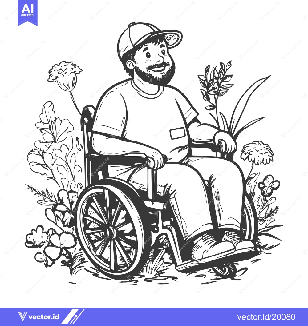 Premium Vector dari A smiling man in a wheelchair surrounded by flowers