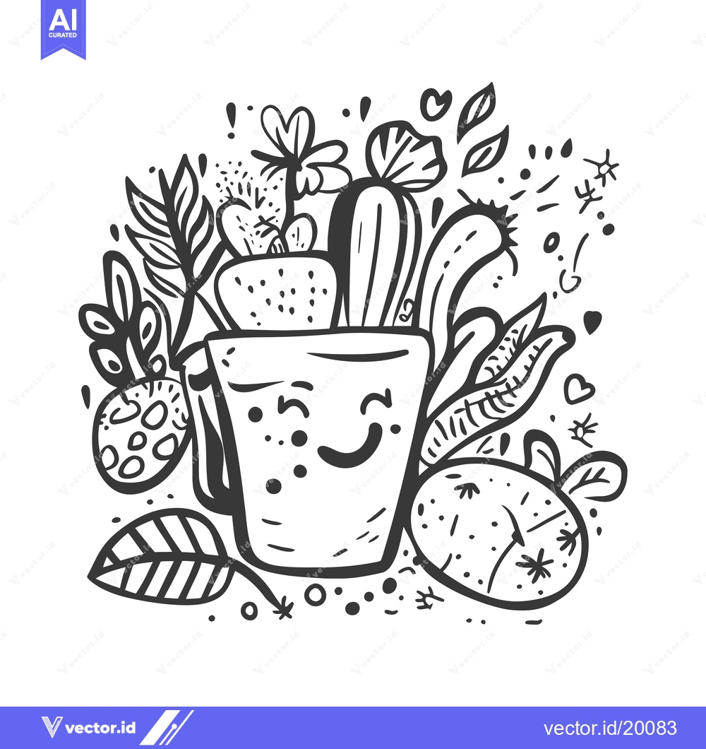 Premium Vector of A Smiling Mug Overflowing with Blooming Plants and Cactus