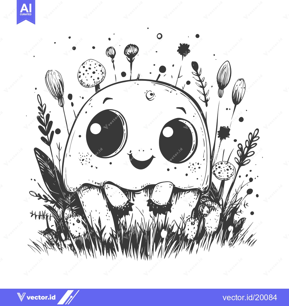 Premium Vector dari A Smiling Mushroom with Big Eyes Surrounded by Grass and Flowers