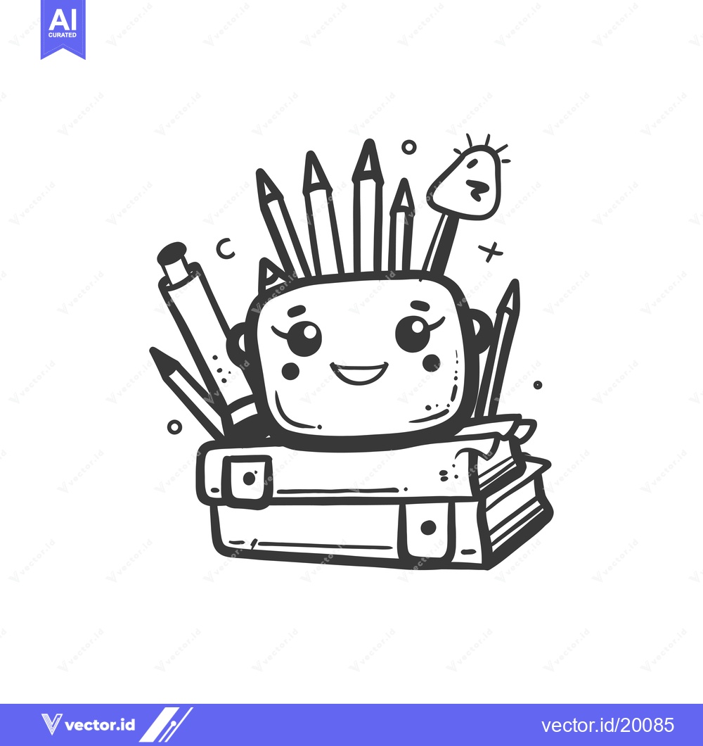 Premium Vector of A Smiling Pencil Case Holding Pencils and a Book