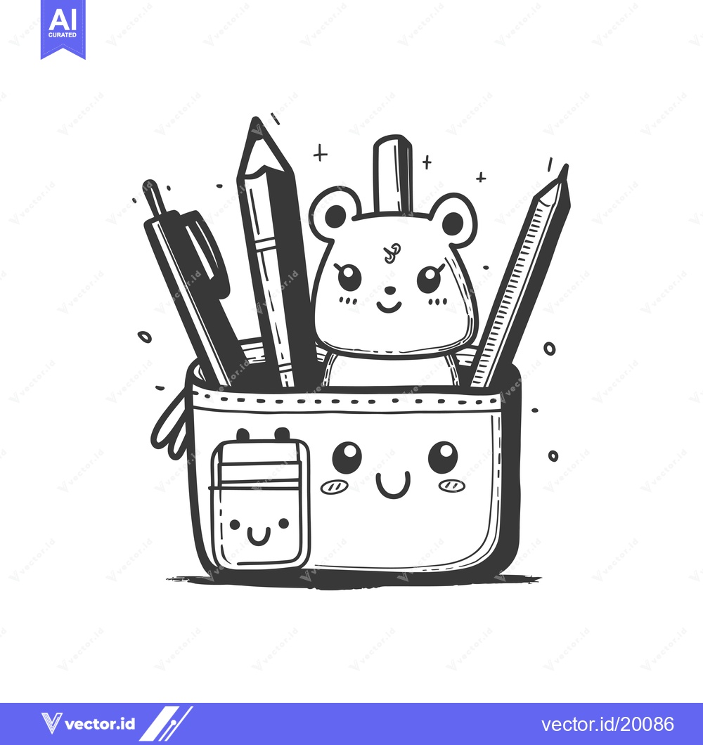Premium Vector dari A Smiling Pencil Case with a Bear Inside and Stationery Tools