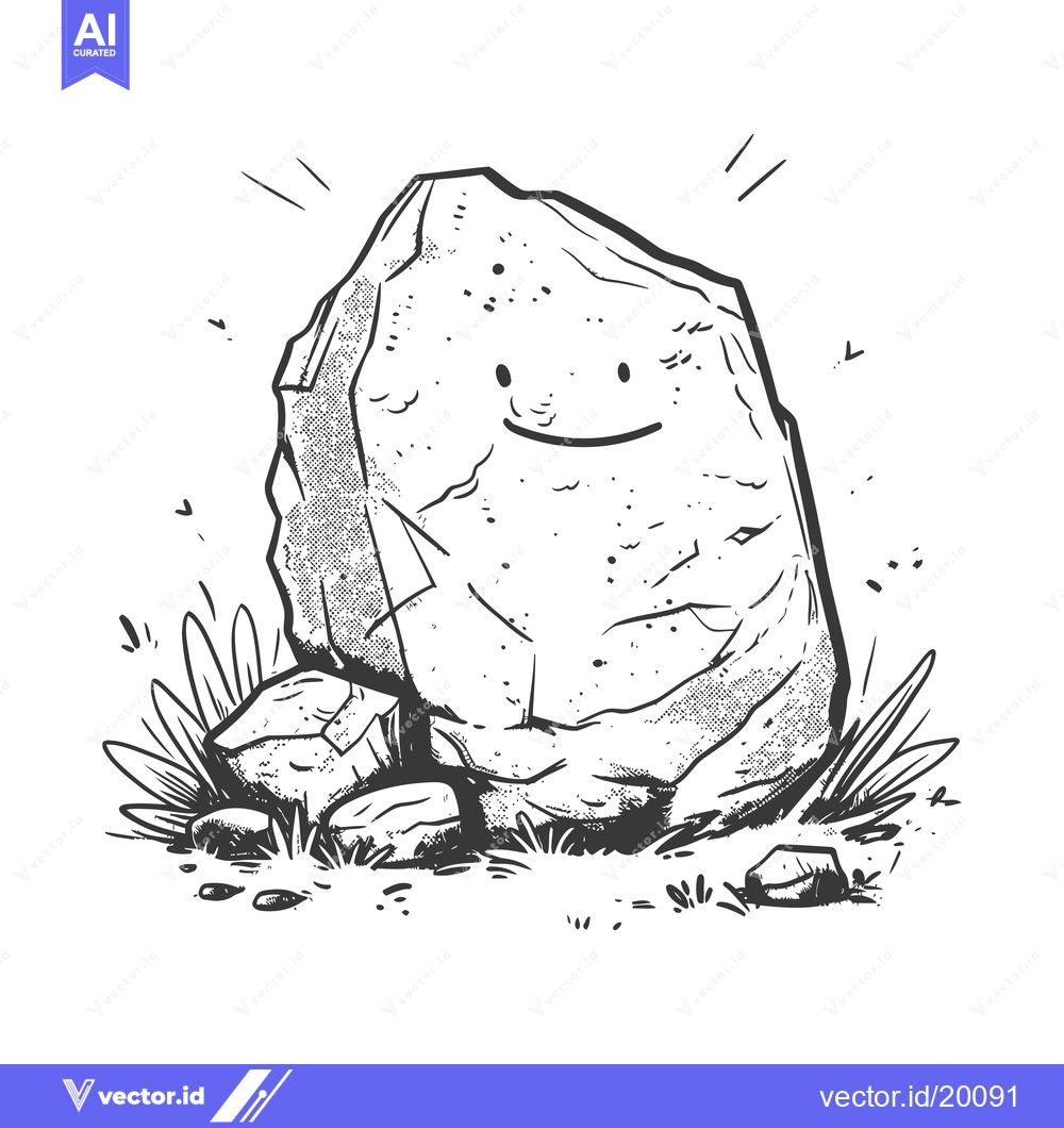 Premium Vector of A Smiling Rock Surrounded by Grass and Smaller Rocks