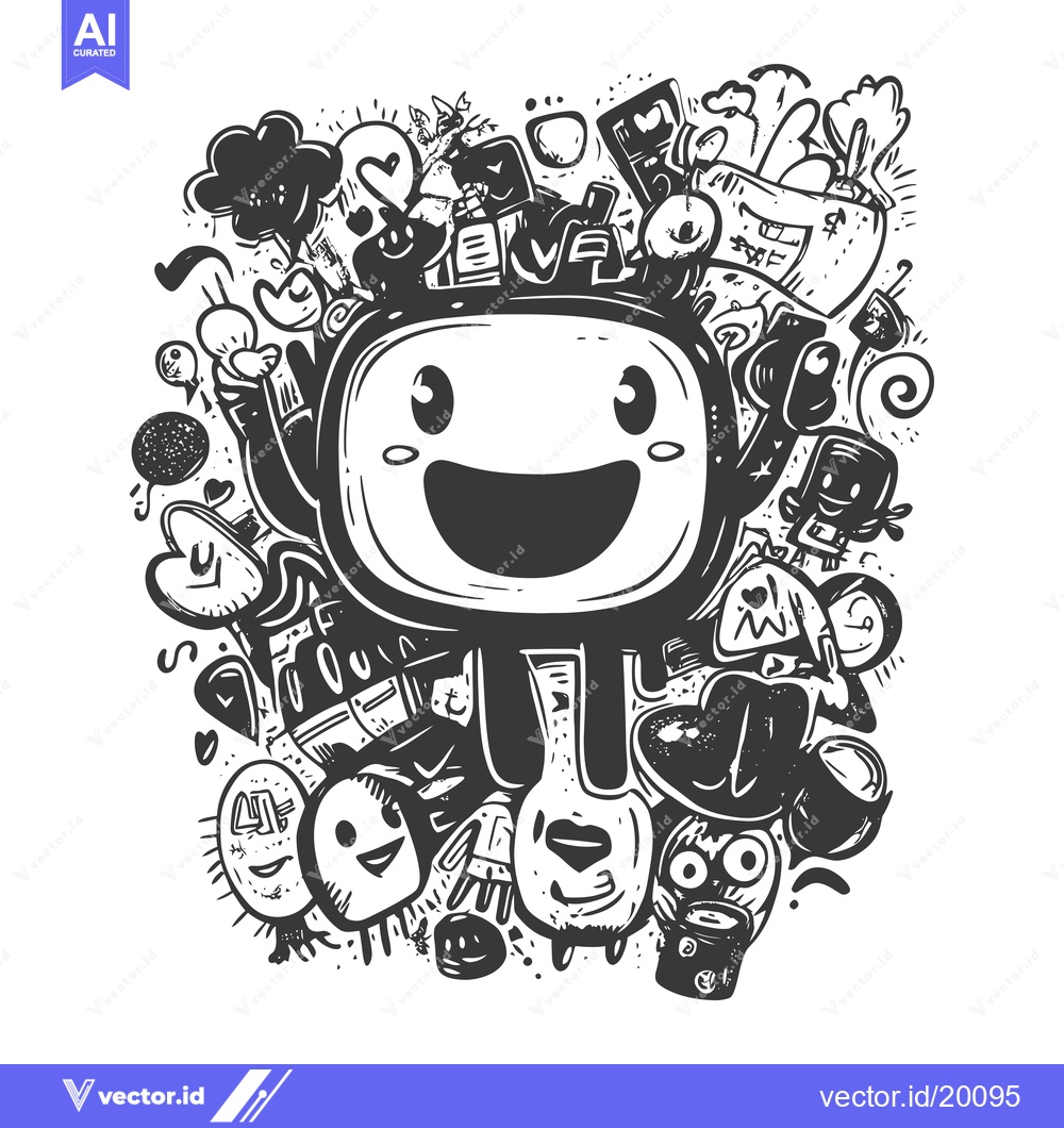 Premium Vector dari A Smiling Square-Shaped Cartoon Character Surrounded by Abstract Shape