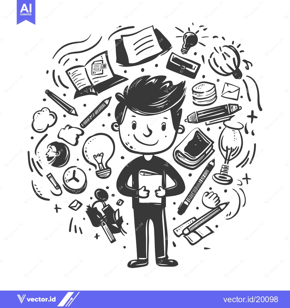 Premium Vector of A Smiling Student Surrounded by Doodle School Supplies