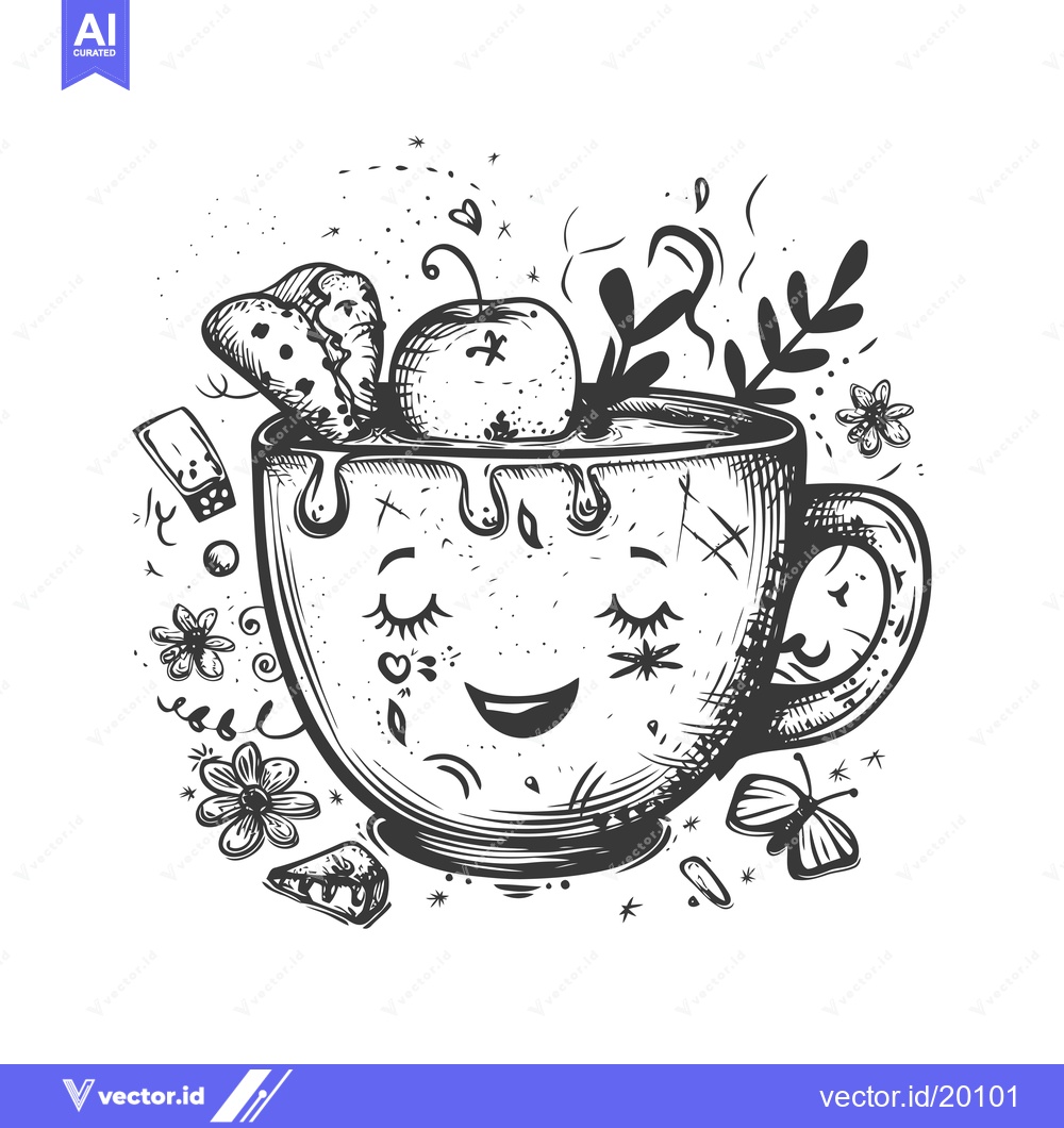 Premium Vector dari A Smiling Teacup With An Apple, Flowers, And A Butterfly