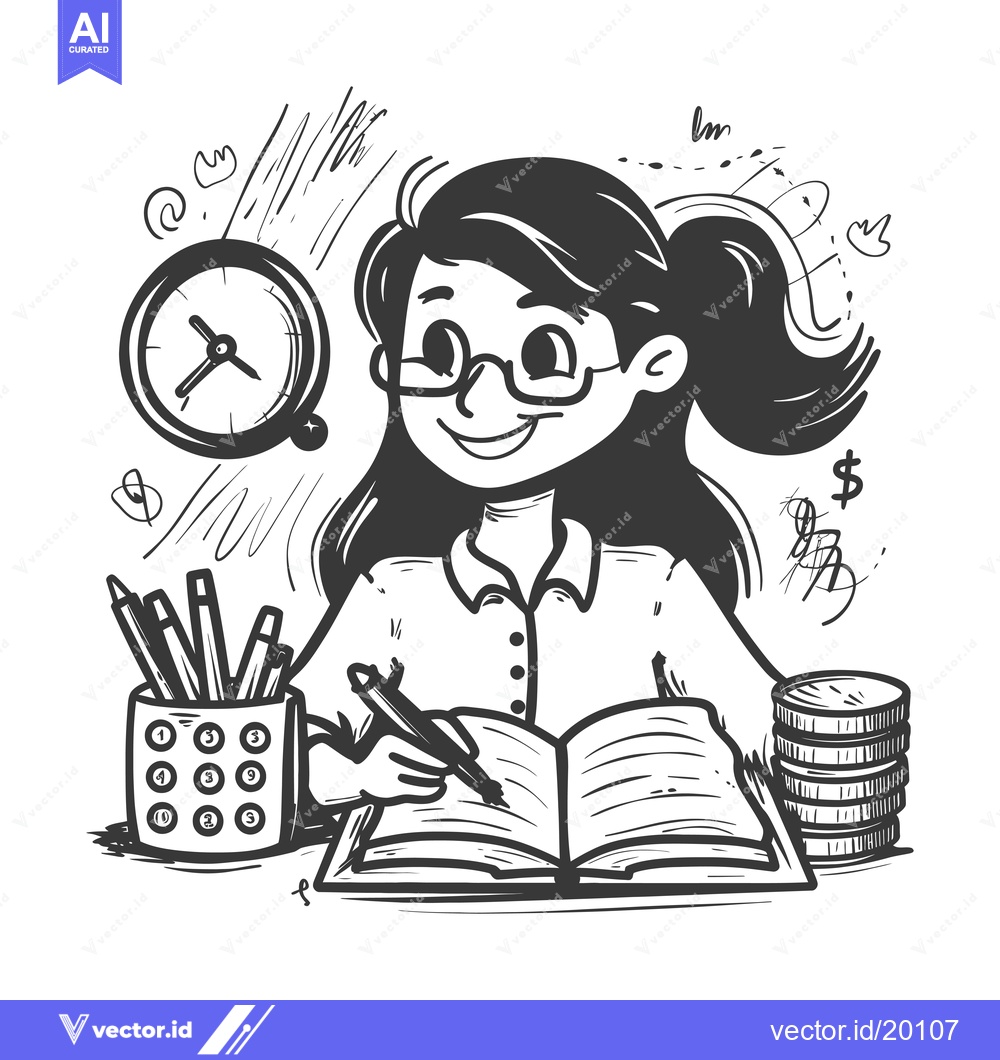 Premium Vector of A Smiling Woman Writing in a Book with a Pencil, Clock, Pencils, and C