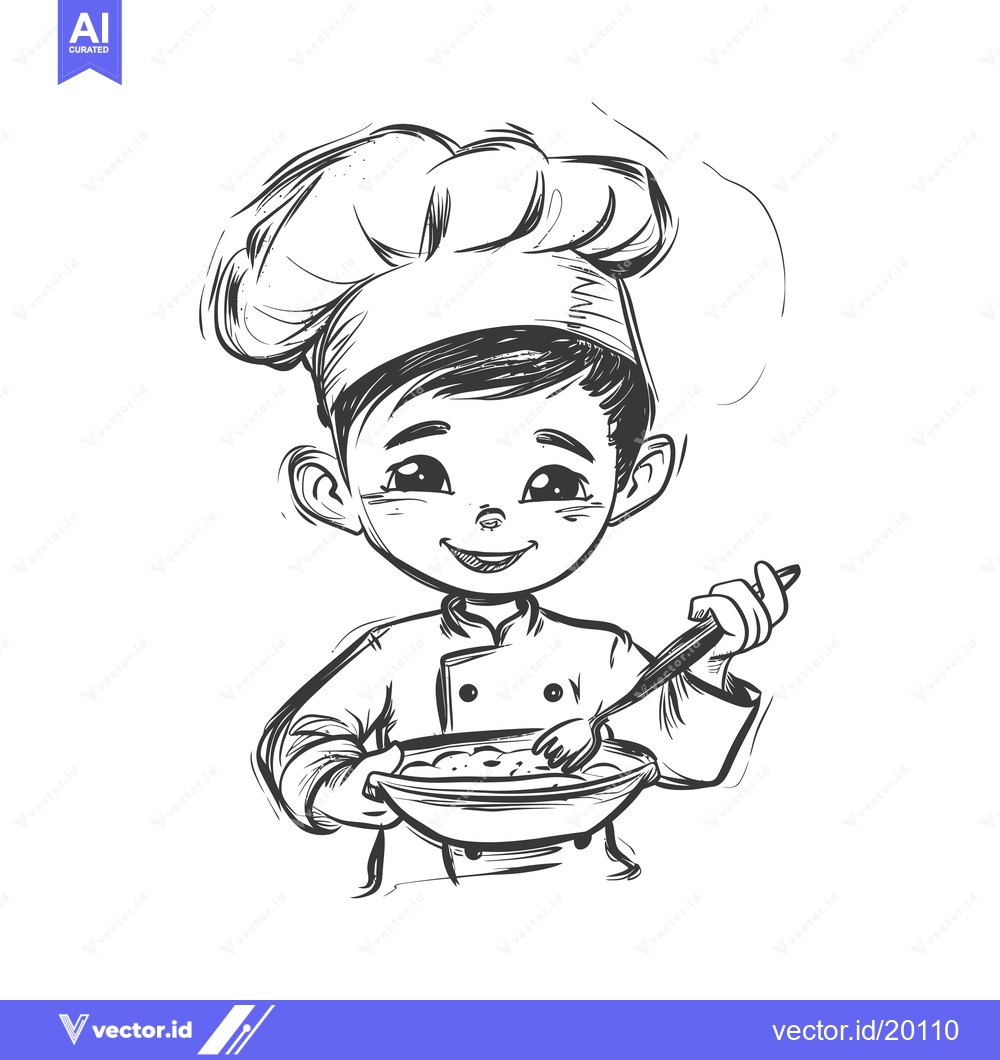 Premium Vector dari A smiling young chef in a tall hat stirring a pot with a wooden spoon