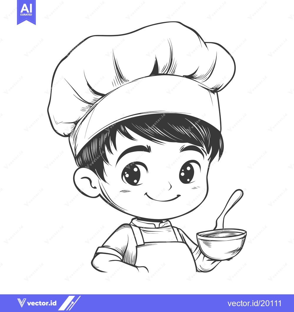 Premium Vector of A smiling young chef with a bowl and spoon in hand