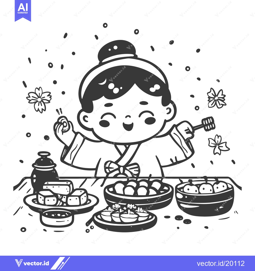 Premium Vector dari A Smiling Young Girl in Traditional Korean Hanbok Enjoying a Feast of