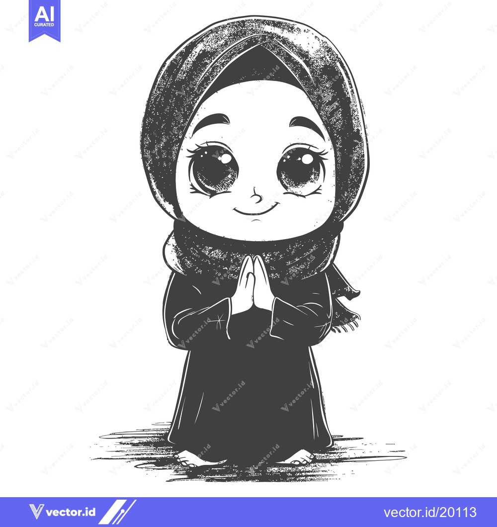 Premium Vector of A Smiling Young Girl Wearing a Hijab with Her Hands Clasped in Prayer