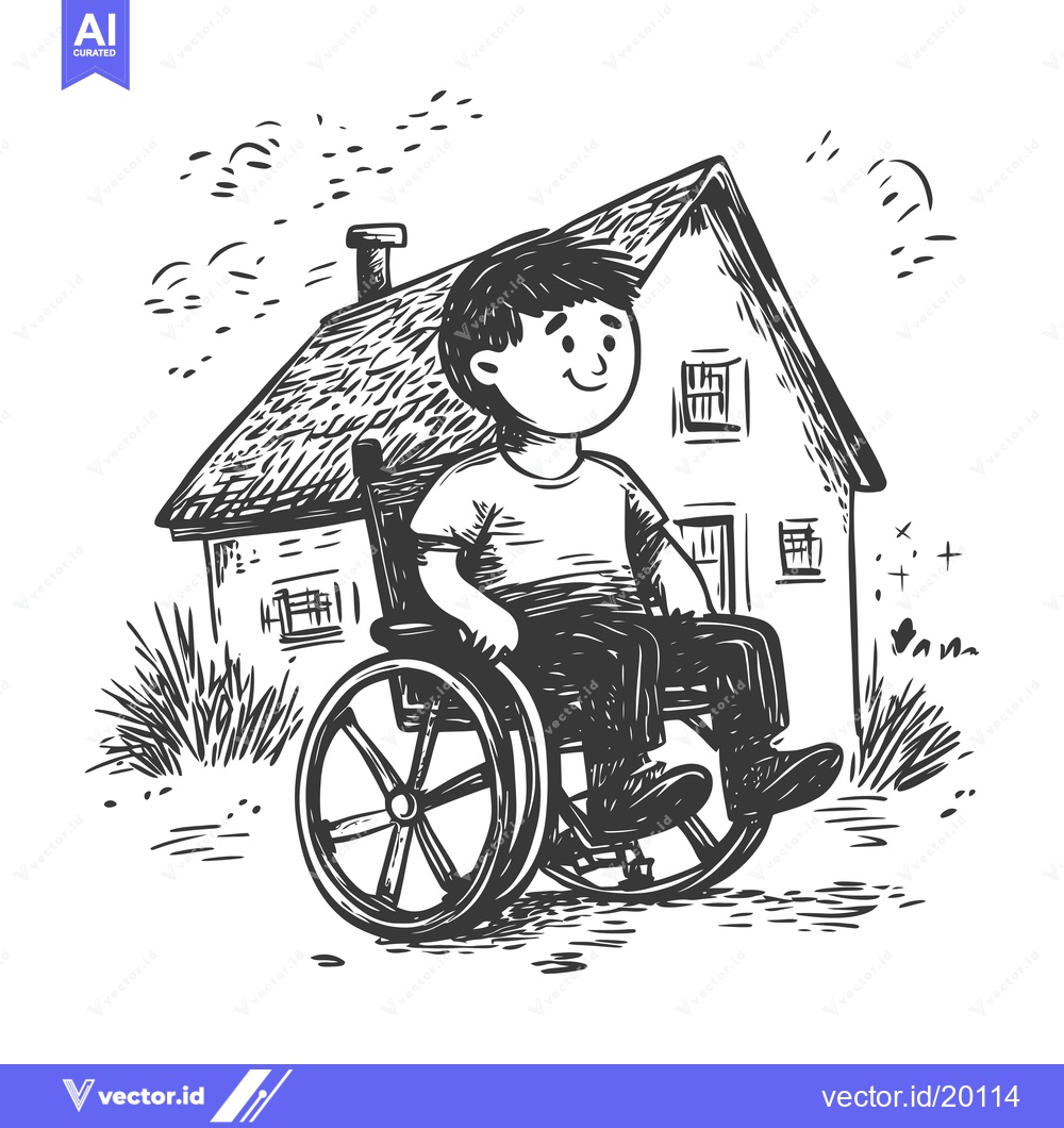 Premium Vector of A smiling young man in a wheelchair, looking towards a simple house.