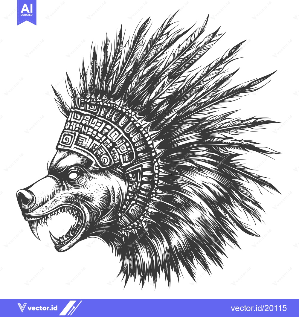 Premium Vector dari A snarling wolf head adorned with feathers and tribal headdress