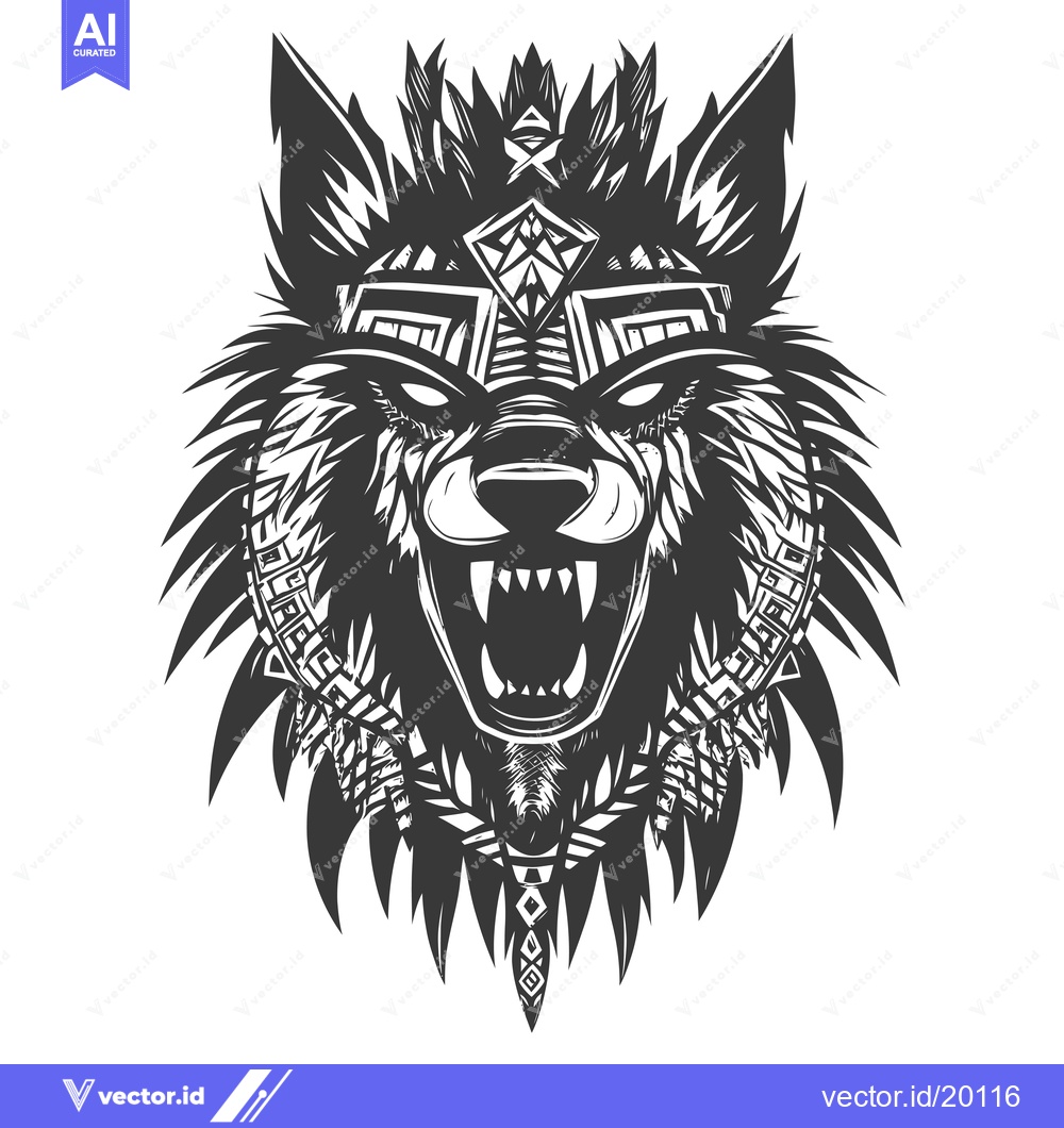 Premium Vector dari A snarling wolf head with intricate tribal patterns