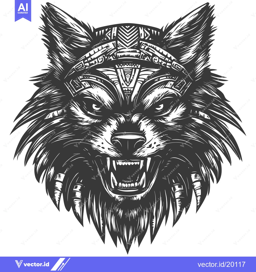 Premium Vector dari A snarling wolf's head wearing an ornate tribal headdress