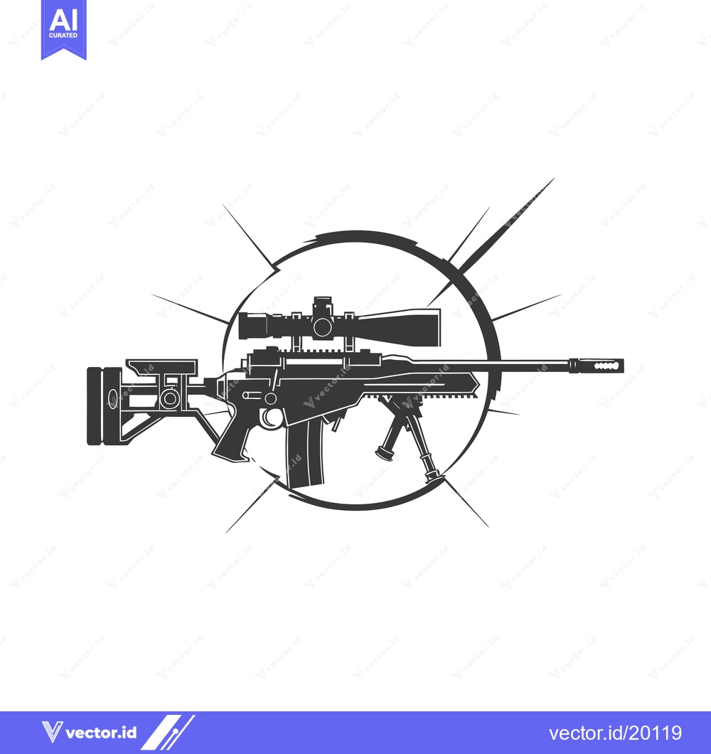 Premium Vector dari A Sniper Rifle with Scope and Bipod in a Circle Graphic