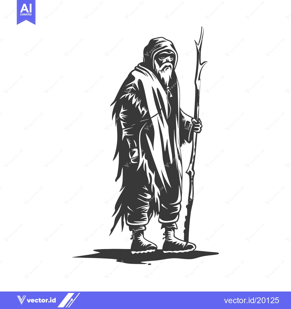 Premium Vector dari A solitary figure, cloaked and holding a staff, stands on a barren lan