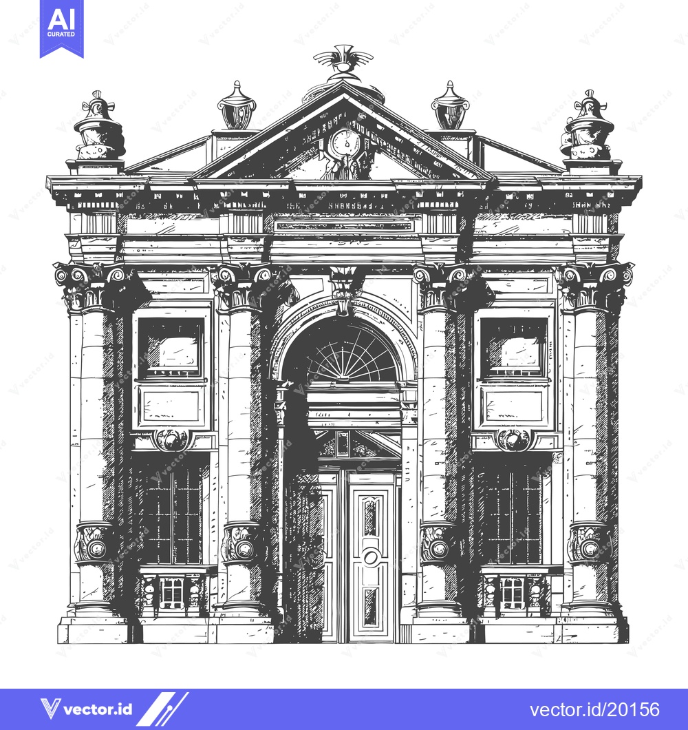 Premium Vector of A detailed illustration depicts a classical stone building with pillar