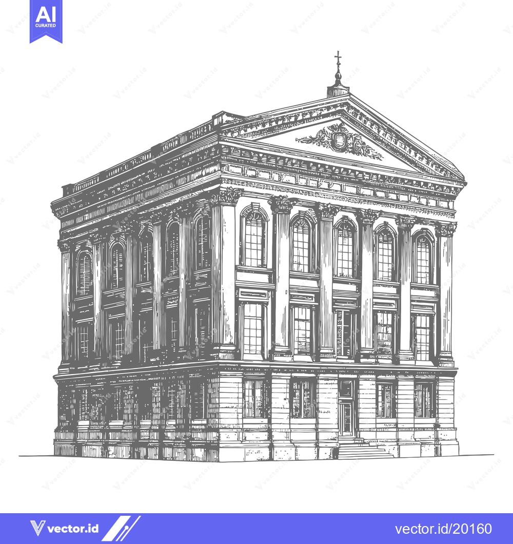 Premium Vector dari A detailed grayscale drawing of a neoclassical building