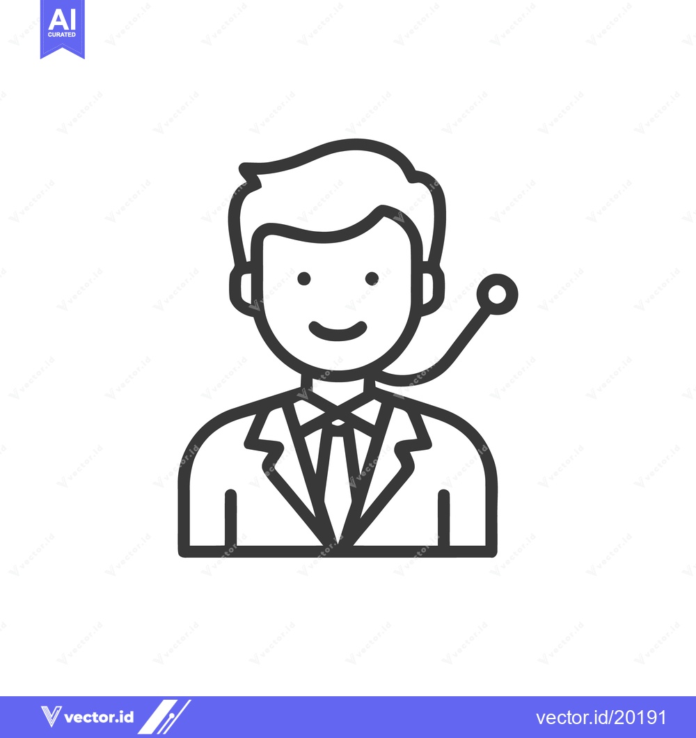 Premium Vector of Minimalist Icon: Smiling Man with Headset, Business Attire, Line Art