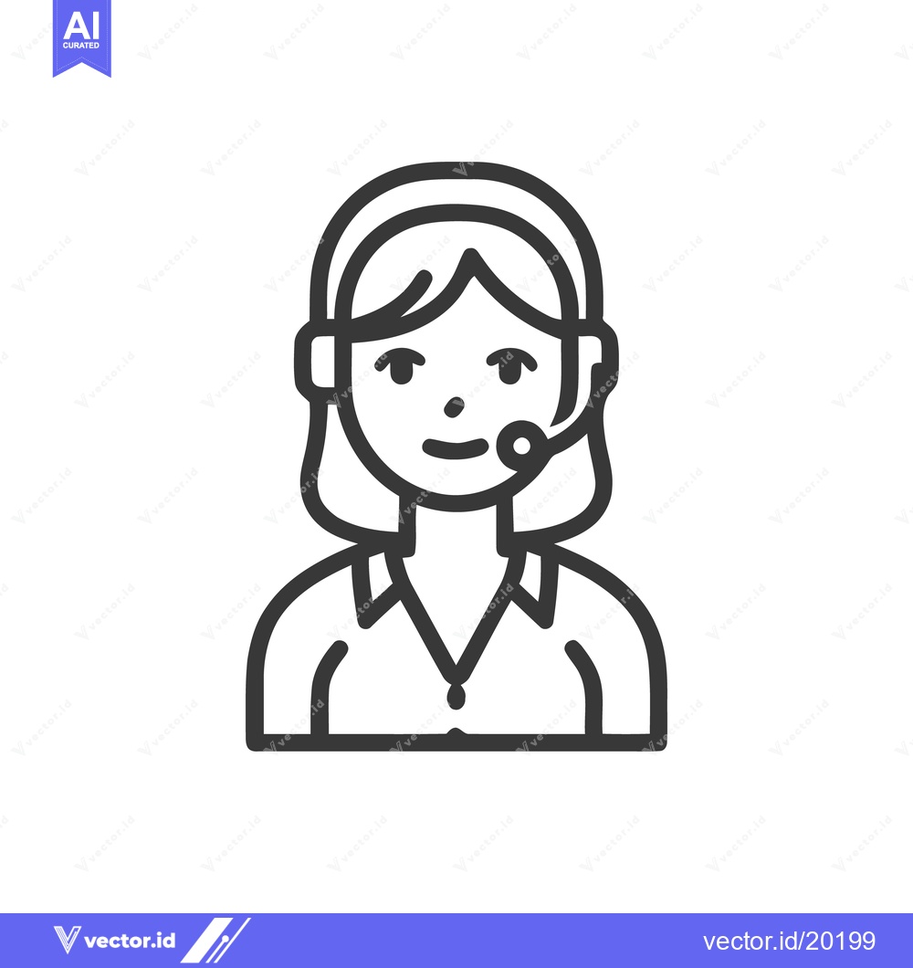 Premium Vector of Customer Service Icon: Woman with Headset, Minimalist Line Art
