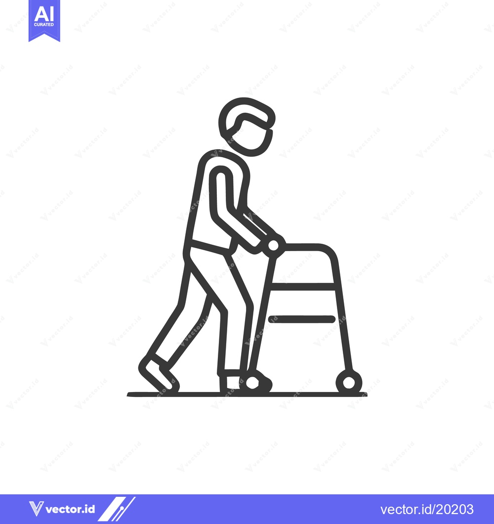 Premium Vector of Minimalist Line Art: Elderly Person Using Walker for Mobility Assistan