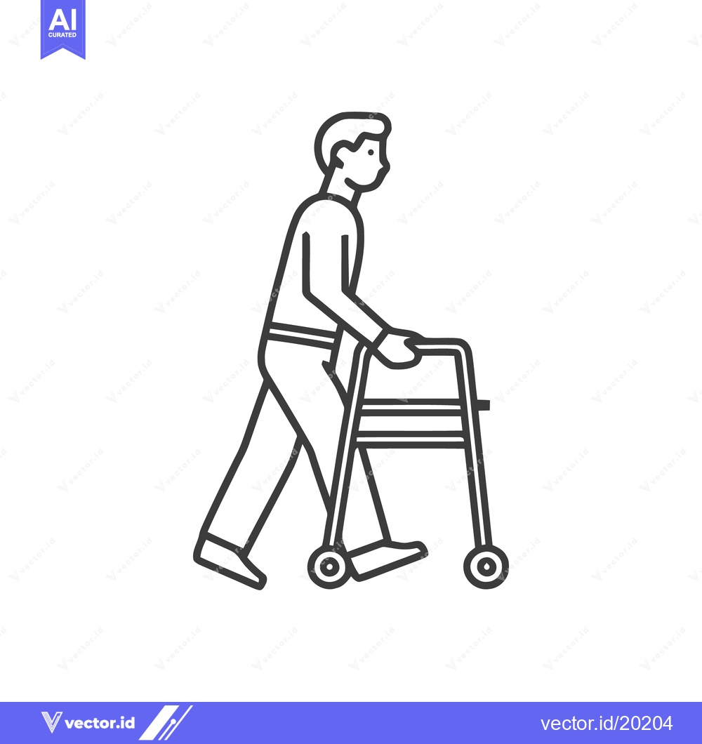 Premium Vector of Minimalist Line Art: Man Walking with Walker for Mobility Assistance