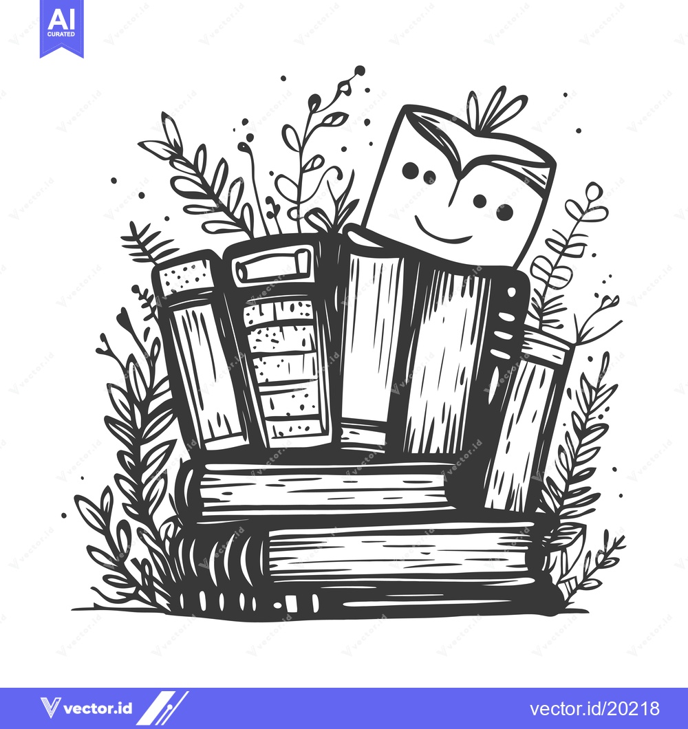 Premium Vector dari A Stack of Books with a Smiling Book on Top Surrounded by Foliage