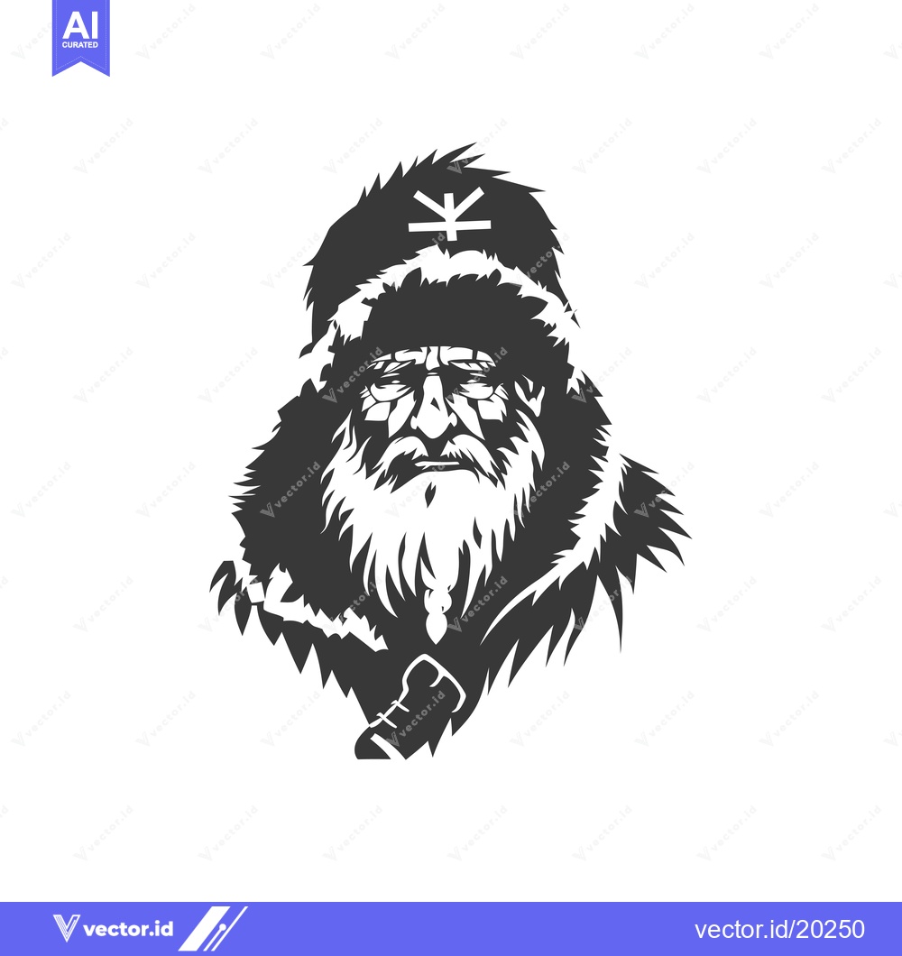 Premium Vector of A stern-faced man with a long beard, wearing a fur hat with a snowflak