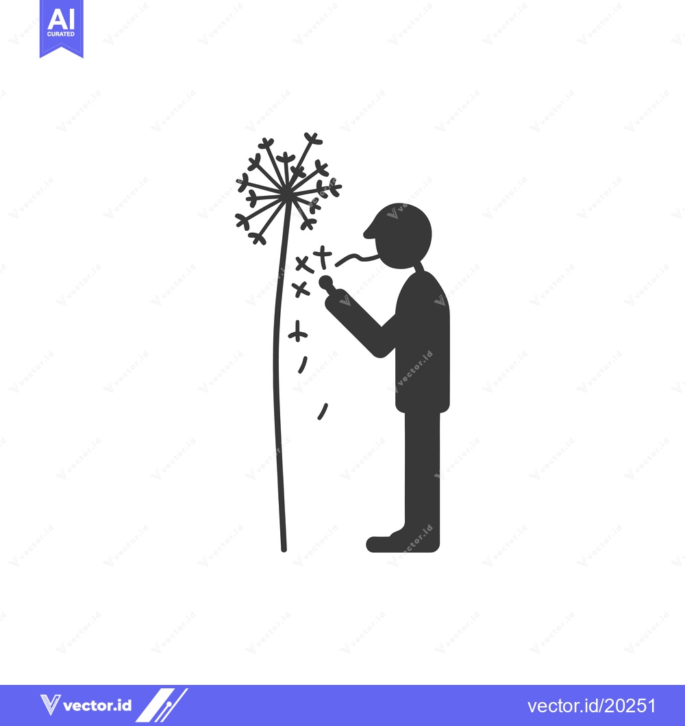 Premium Vector dari A stick figure blowing on a dandelion with seeds flying away