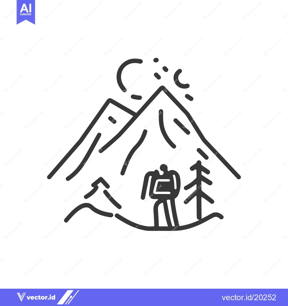 Premium Vector dari A Stick Figure Hiker Stands in Front of Mountains and Trees Under a Cr