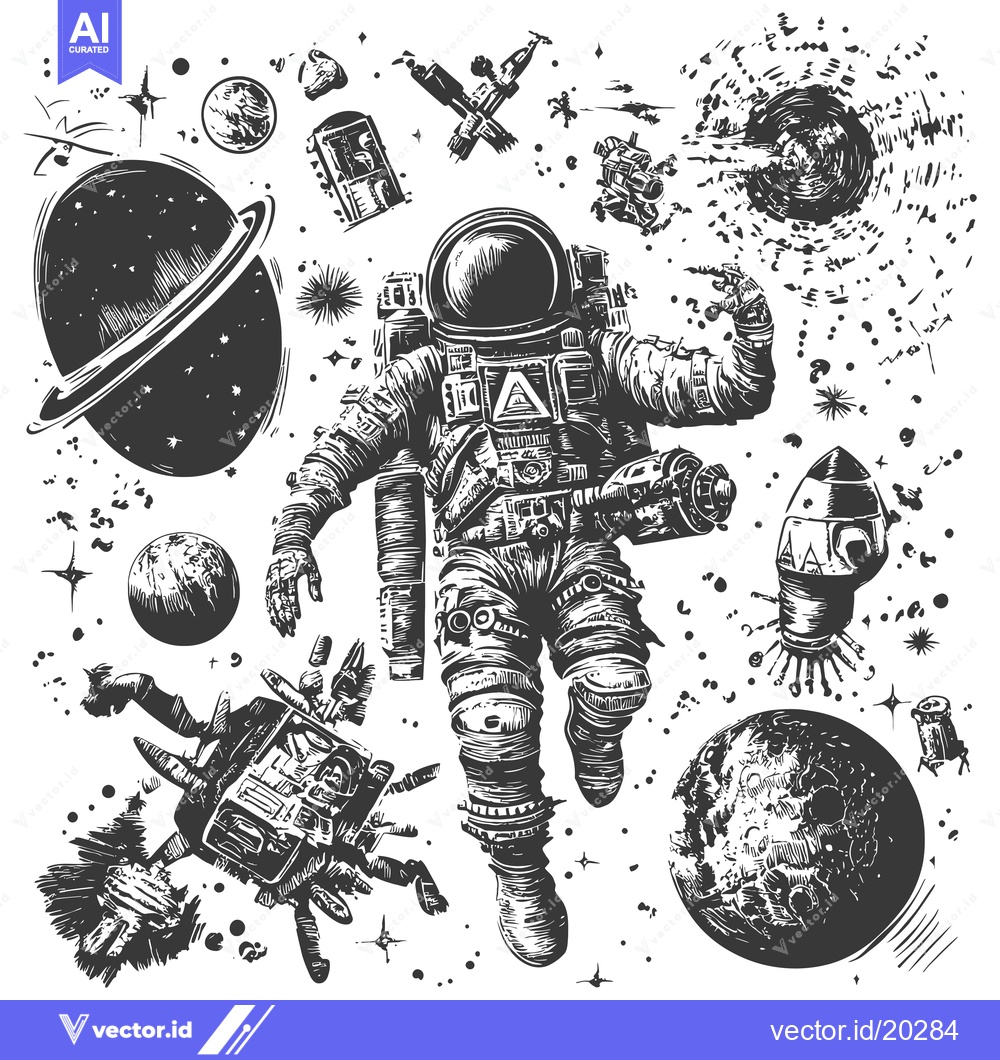 Premium Vector of Astronaut Floating in Space Surrounded by Planets, Stars, and Spacecra