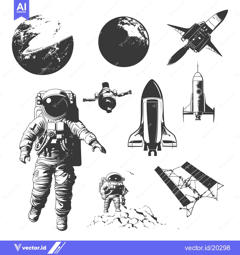 Premium Vector dari Astronaut on Moon Surface with Spacecraft and Planets