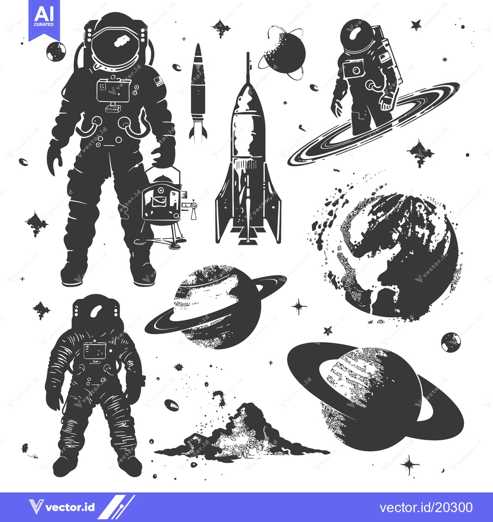 Premium Vector of Astronauts, Planets, Rockets, and Stars in a Stylized Space Illustrati