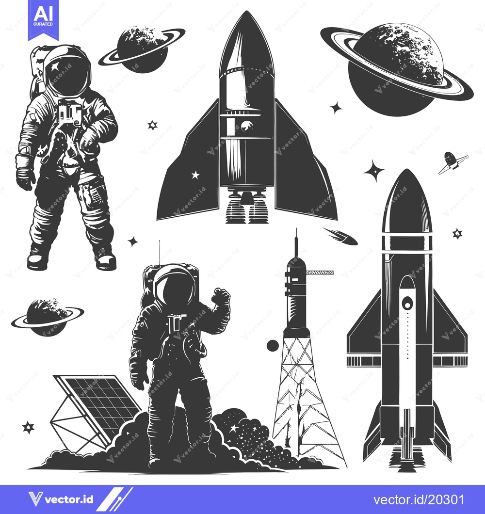 Premium Vector dari Astronauts, Spacecraft, and Planets in a Monochromatic Composition