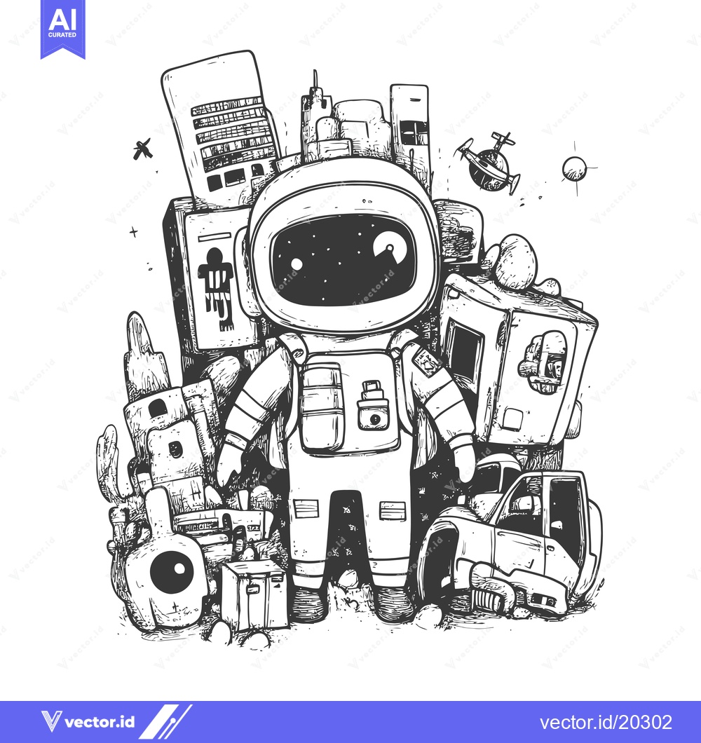Premium Vector dari Astronaut Standing Amongst Abstract Objects and Cityscape