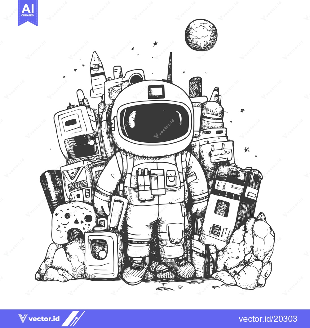 Premium Vector dari Astronaut standing amongst space debris and a moon