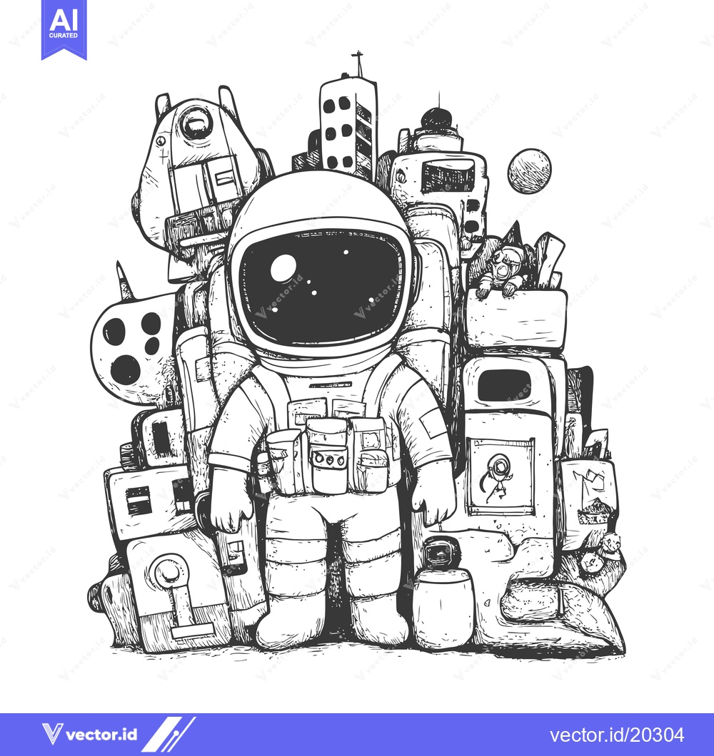 Premium Vector of Astronaut Standing in Front of a Pile of Space Junk