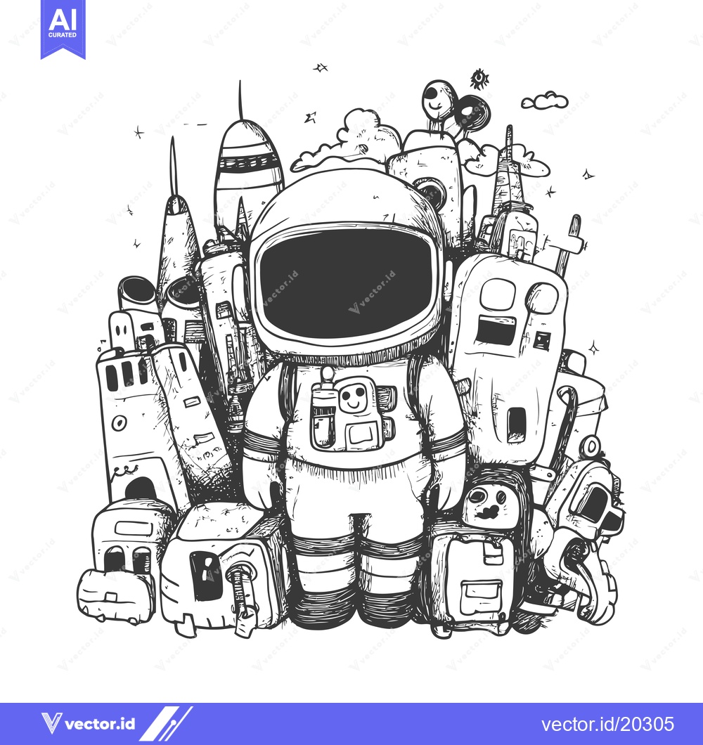 Premium Vector dari Astronaut standing in front of doodle city and luggage