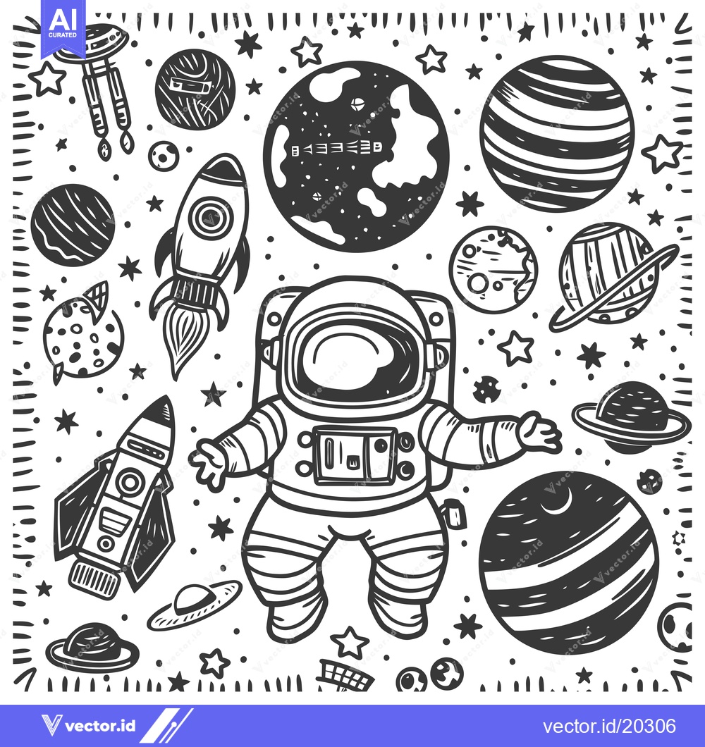 Premium Vector dari Astronaut with Spacecraft, Planets, and Stars in Black and White Doodl